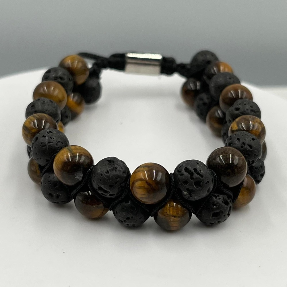 Vintage Natural Tiger's Eye & Lava Rock Bracelet Double Strand Cord Stone Boho - Picture 5 of 9